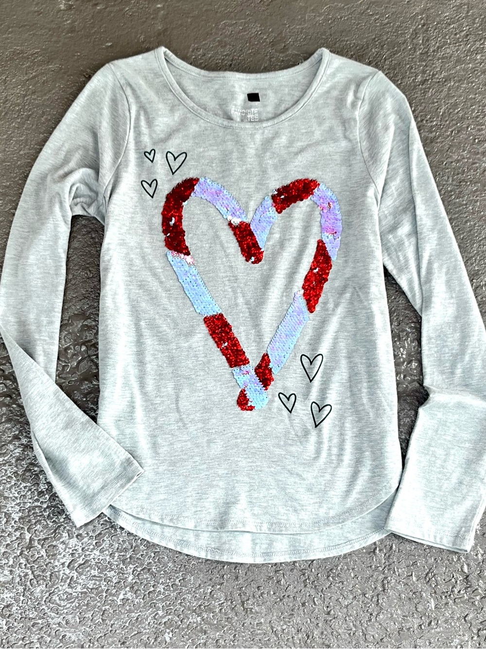 Favorite Tee Girls Gray Flip Sequin Candy Cane Heart Long Sleeve Shirt Size L 10